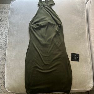 Lulus Olive green ribbed bodycon dress, halter top front and low open back
